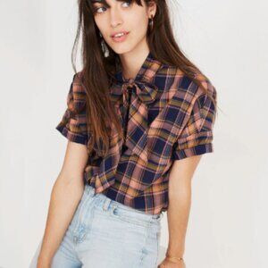 Madewell Short-Sleeve Tie-Neck Shirt in Junipero Plaid Size Small